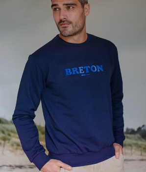 Sweat-shirt homme "Vannes" coton marine  flocage effet suédine « BRETON »